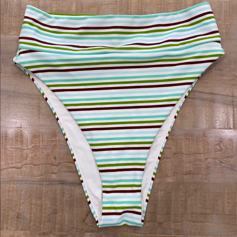 Aerie Green white and brown striped swim bikini bottom